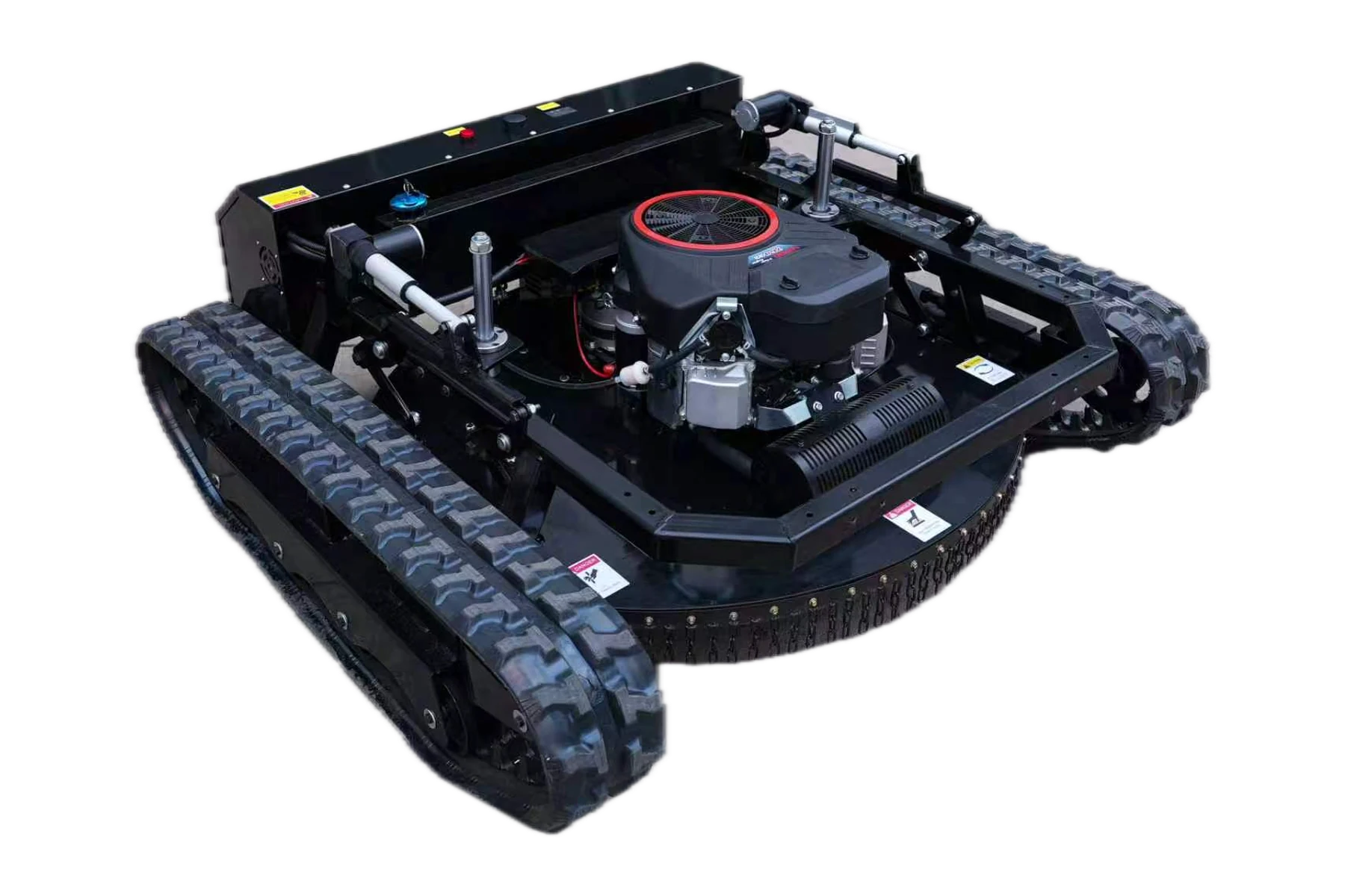 Rovaterra Atlas 90 — vedere de sus-față: motor, cadru de protecție și platforma de tăiere cu lanțuri