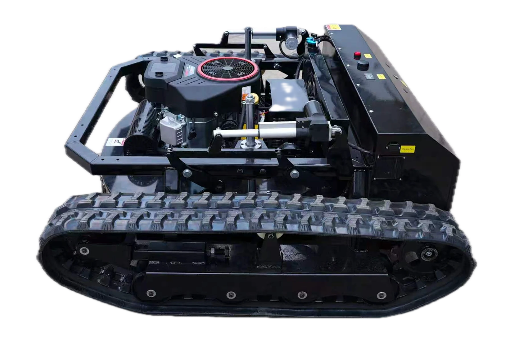 Rovaterra Atlas 90 — vedere laterală de sus cu motorul Loncin, generatorul integrat și șenilele