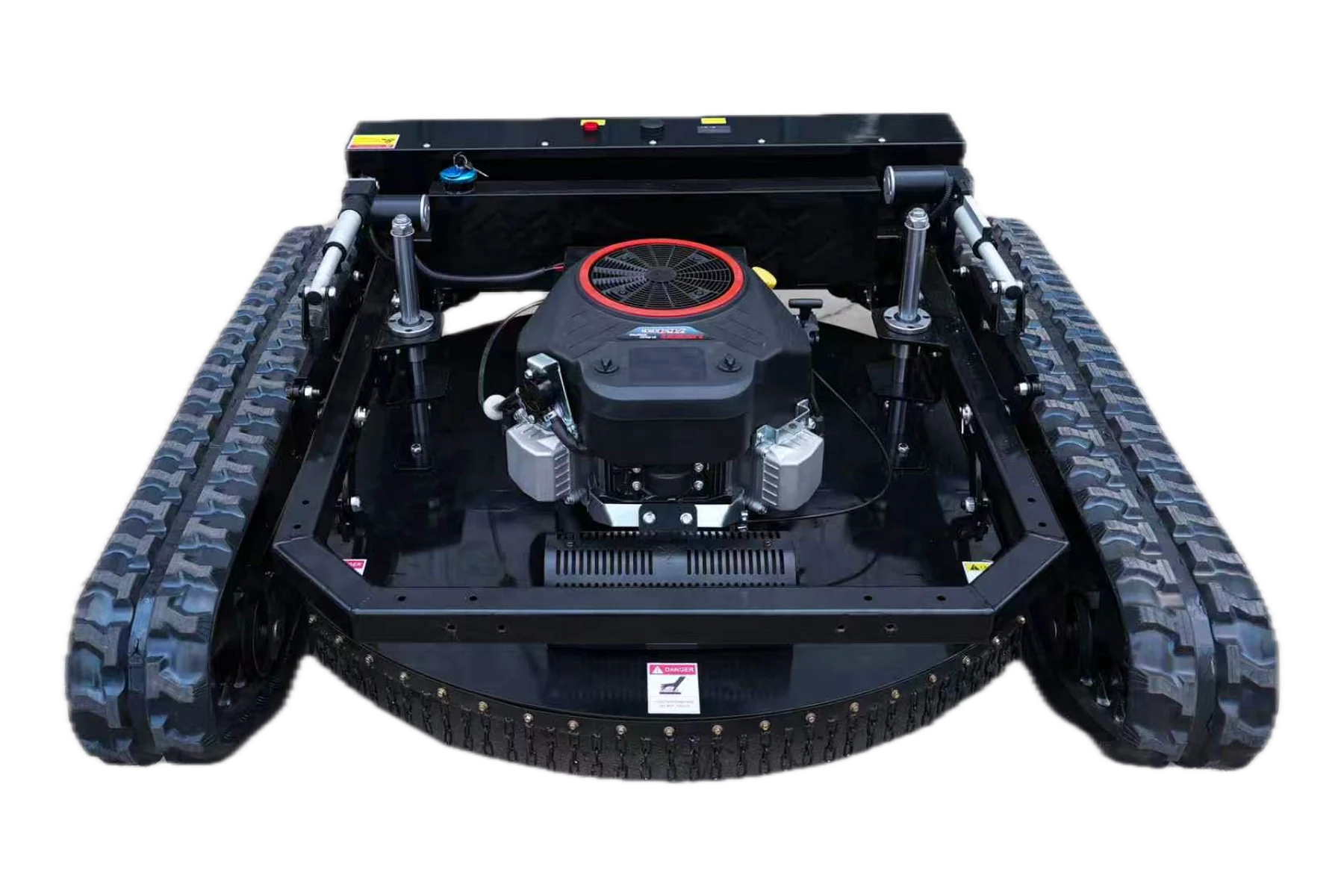 Rovaterra Atlas 90 — vedere frontală de sus: motor Loncin centrat și platforma de tăiere de 900 mm